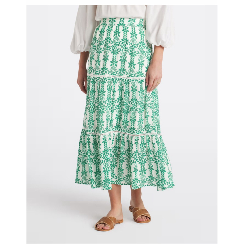 Women's Skies are Blue White Green Carine Tiered Midi Skirt Size L